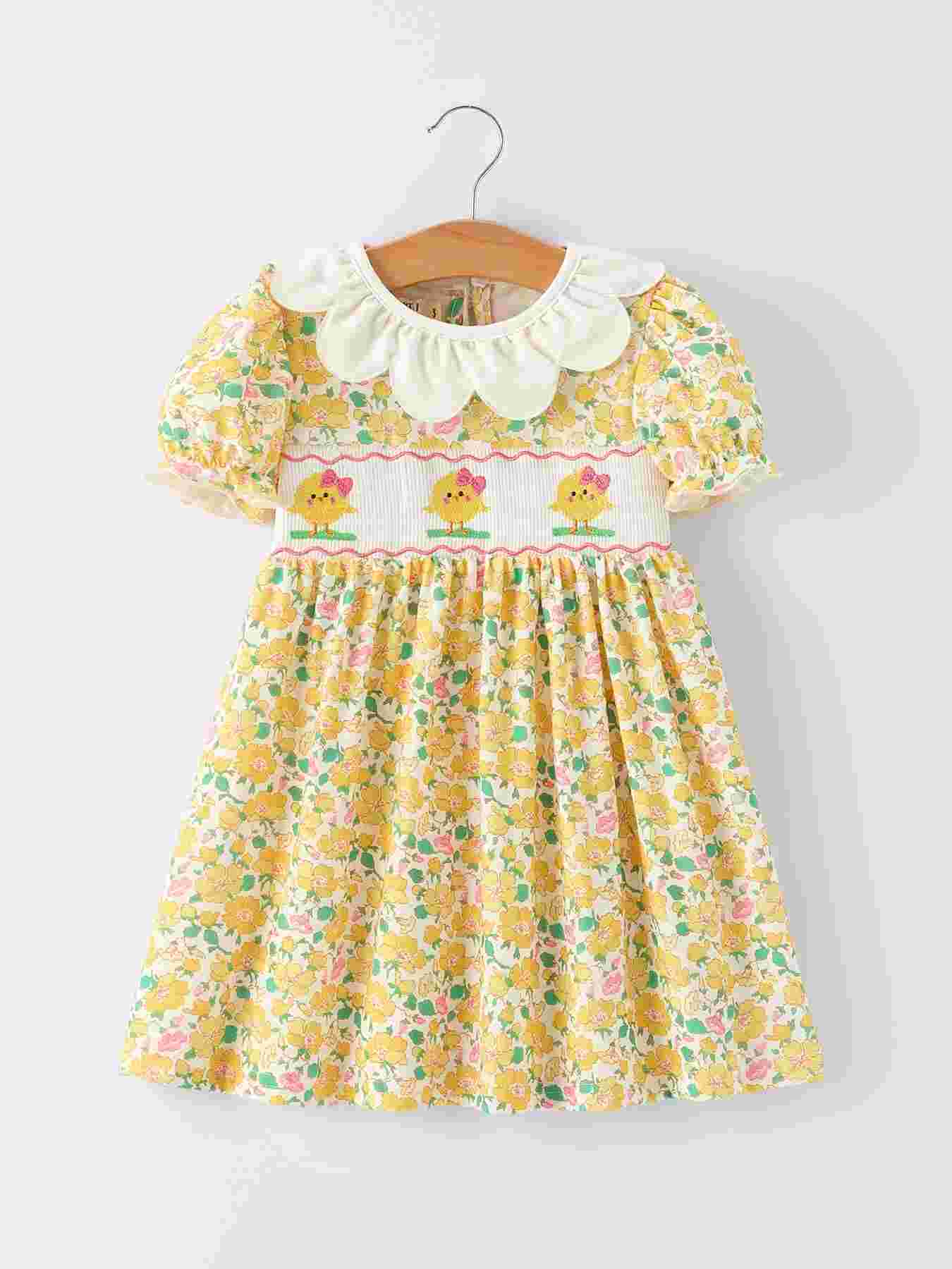 Easter Yellow Chick Embroidery Floral Girl Dress