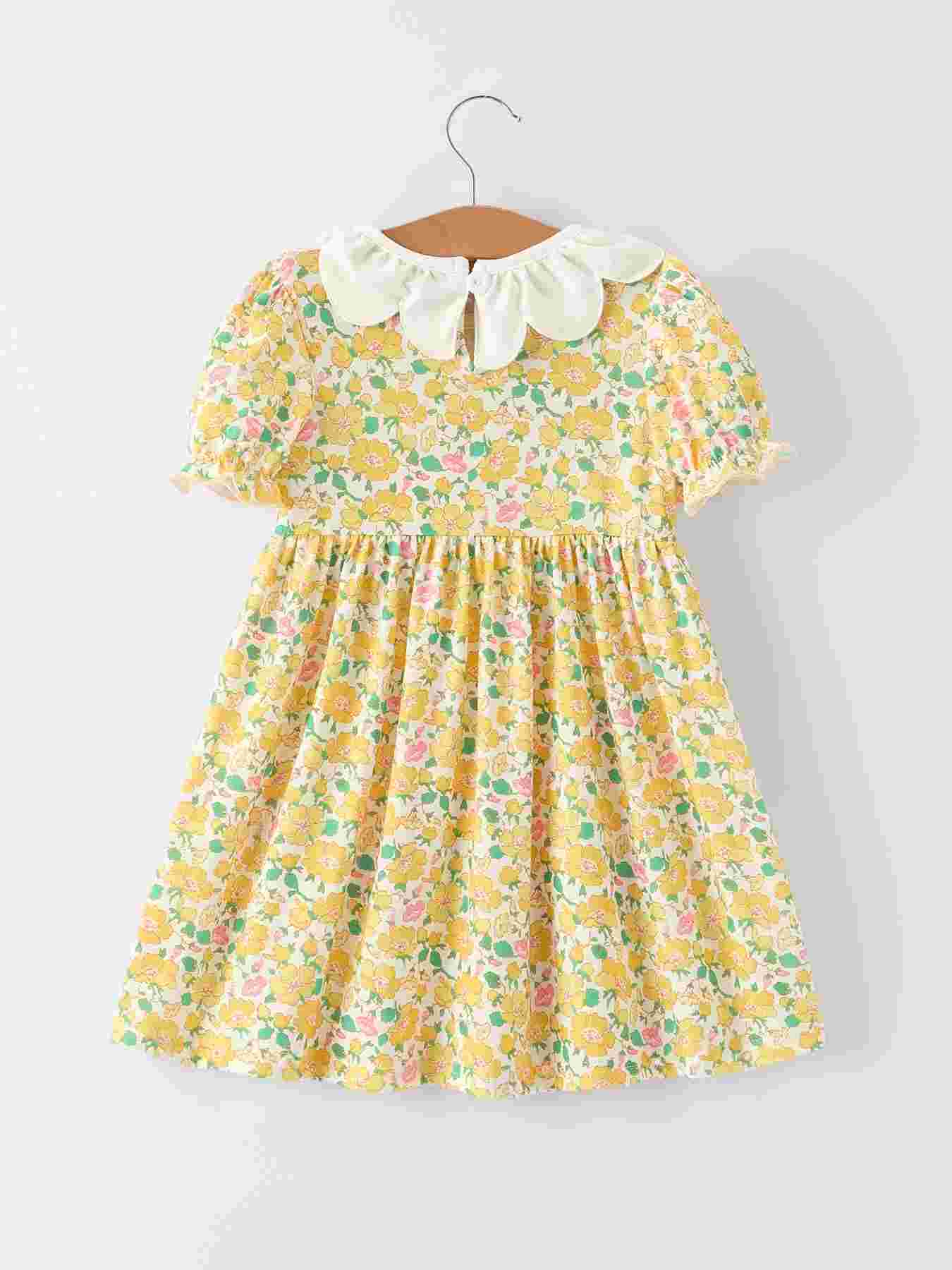 Easter Yellow Chick Embroidery Floral Girl Dress