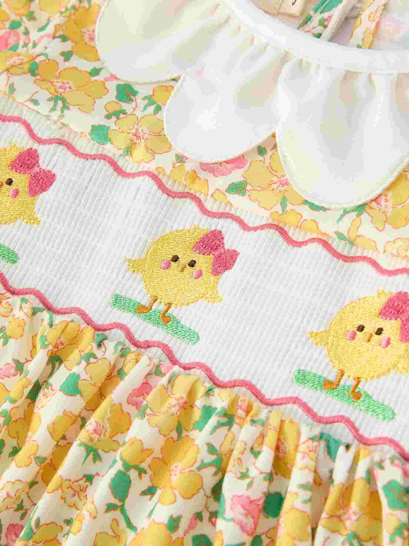 Easter Yellow Chick Embroidery Floral Girl Dress