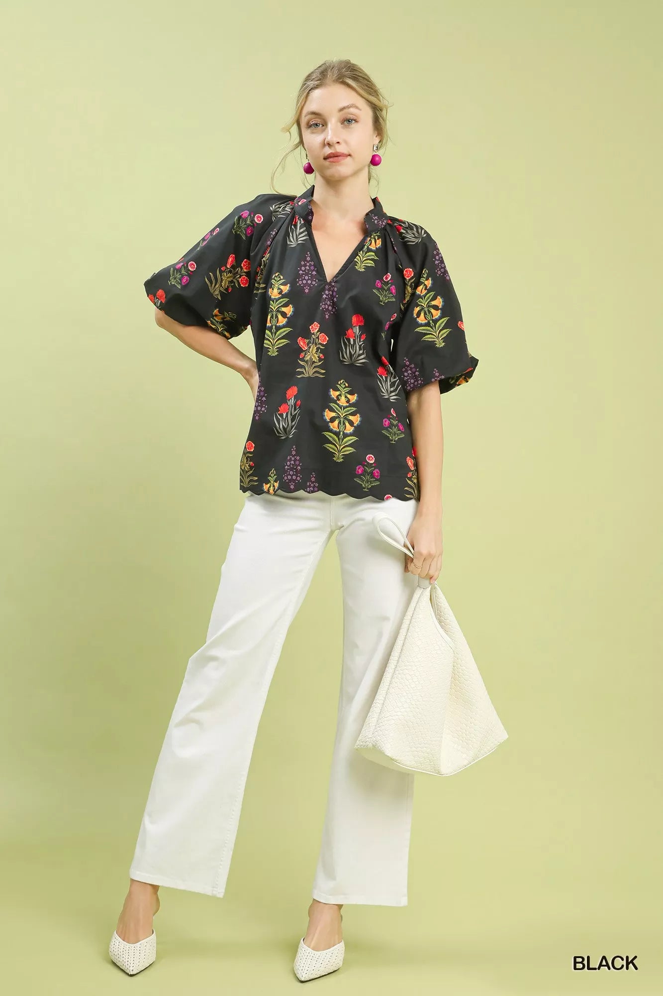 Heidy Floral Print Puff Sleeve Scallop Hem Tops