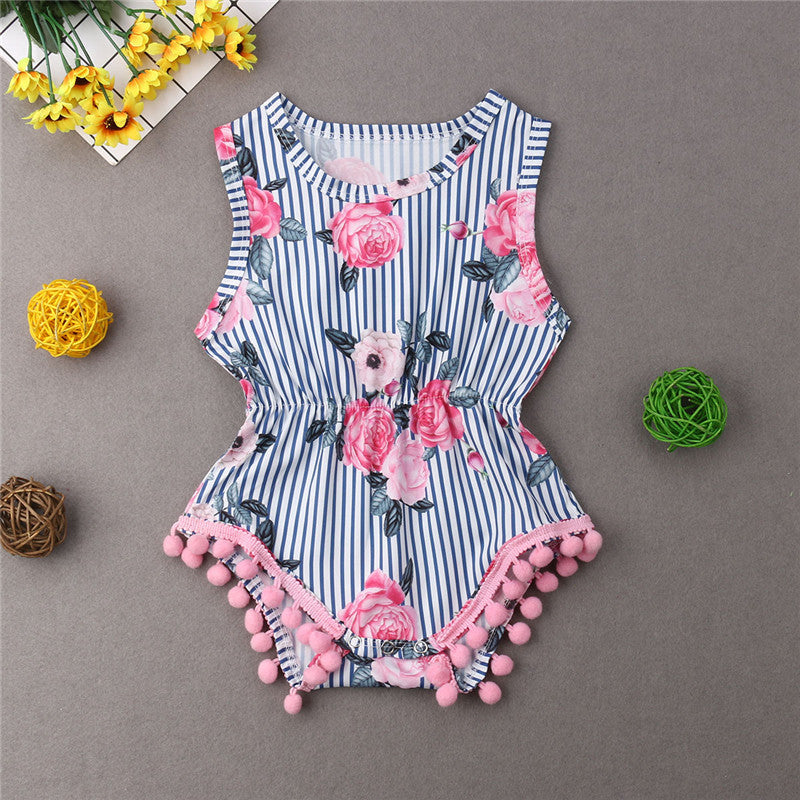 Rosmalyn print romper Striped and small ball decoration