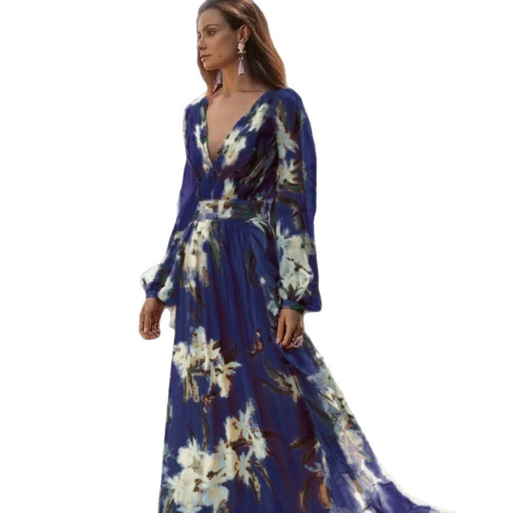 Ginger Style V-Neck Long Sleeve Four-Way Stretch Flared Dress