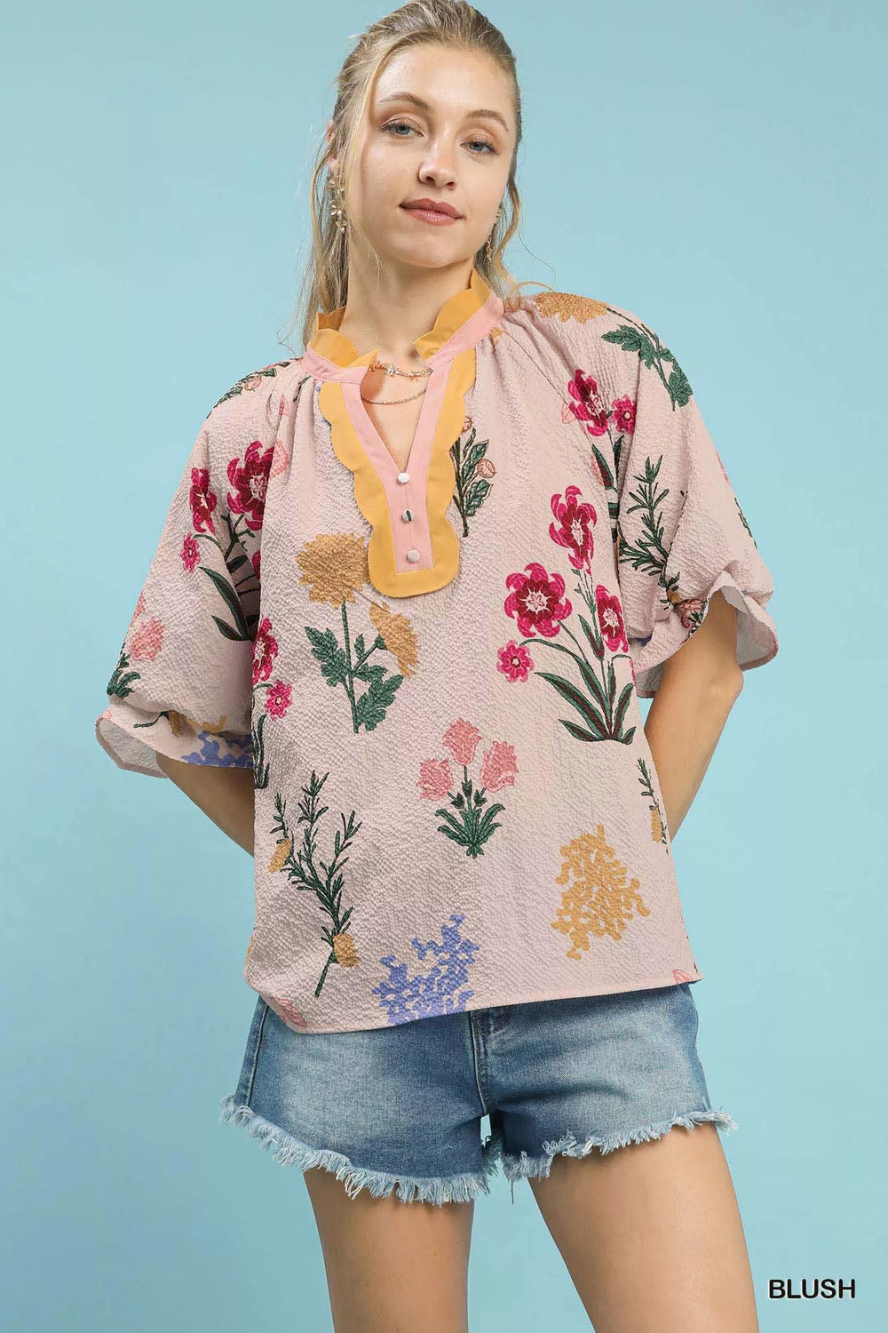 Wanda Floral Puff Sleeve Tops with Scallop Trim Collar