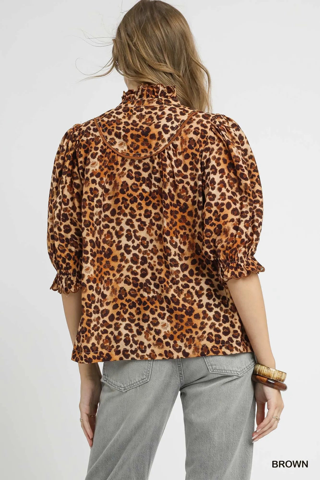Adrianna Full Size Leopard Print Ruffle Neck Tops Plus Size
