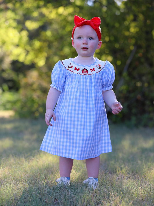 Monique Farm Blue Smocking Embroidered Girls Dress