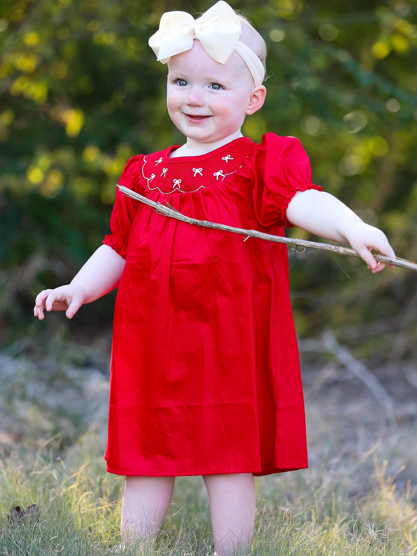 Crannie Girls Bow Smocking Embroidered Red Dress