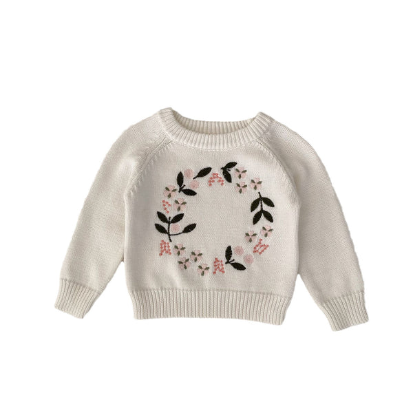 Nora Girl's Knitted Shirt Flower Embroidered Pullover Top