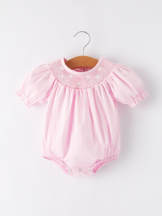Kristel White Bow Smock Embroidered Pink Romper