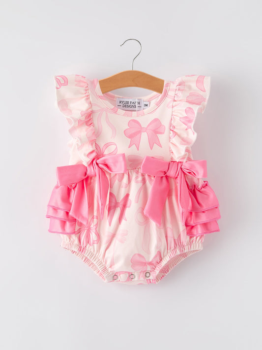 Flores Girls Pink Bow Print Short Sleeves Romper