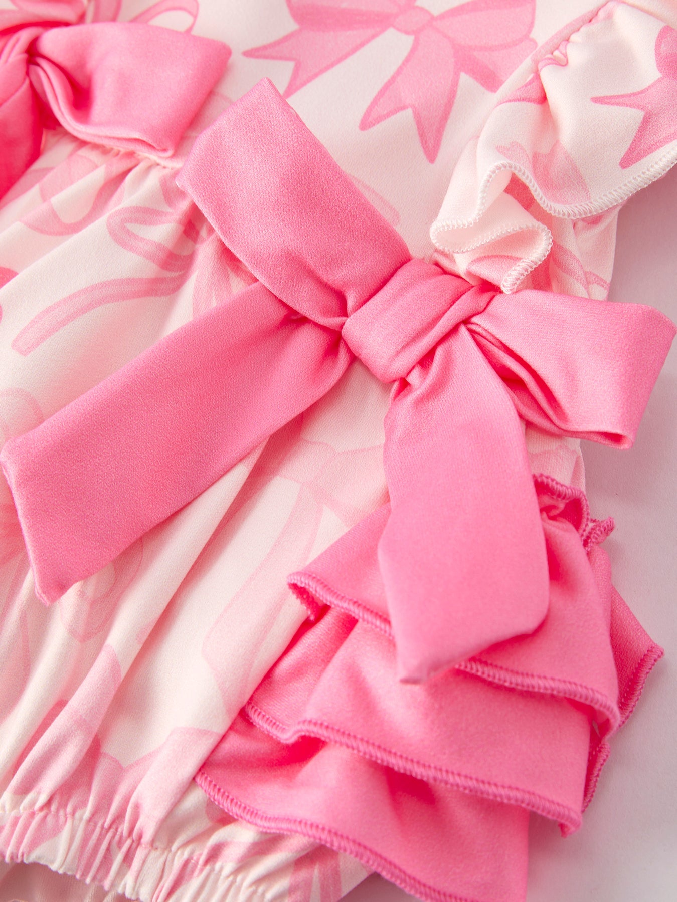 Flores Girls Pink Bow Print Short Sleeves Romper