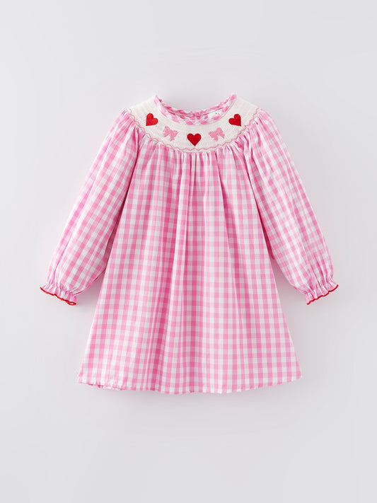 Sinergy Heart Bow Smocking Embroidered Pink Dress