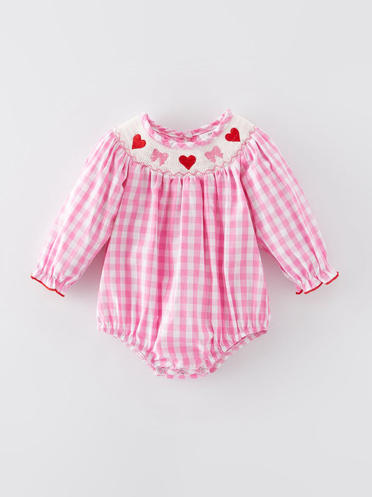 Rihanna Heart Bow Smocking Embroidered Pink Romper