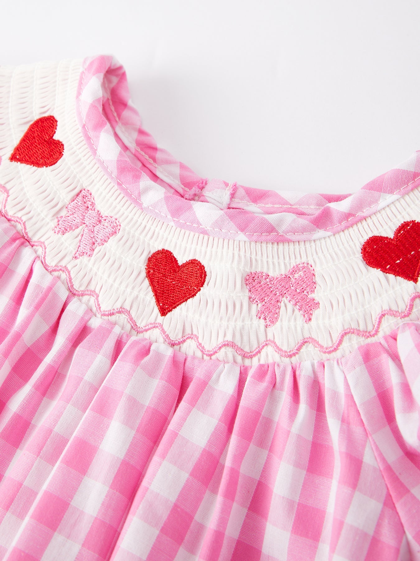 Rihanna Heart Bow Smocking Embroidered Pink Romper