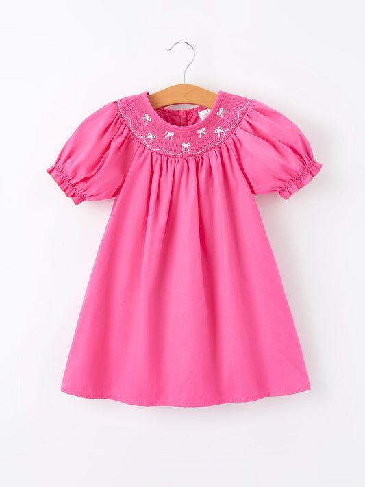 Silvia Girls Bow Smocking Embroidery Hot Pink Dress