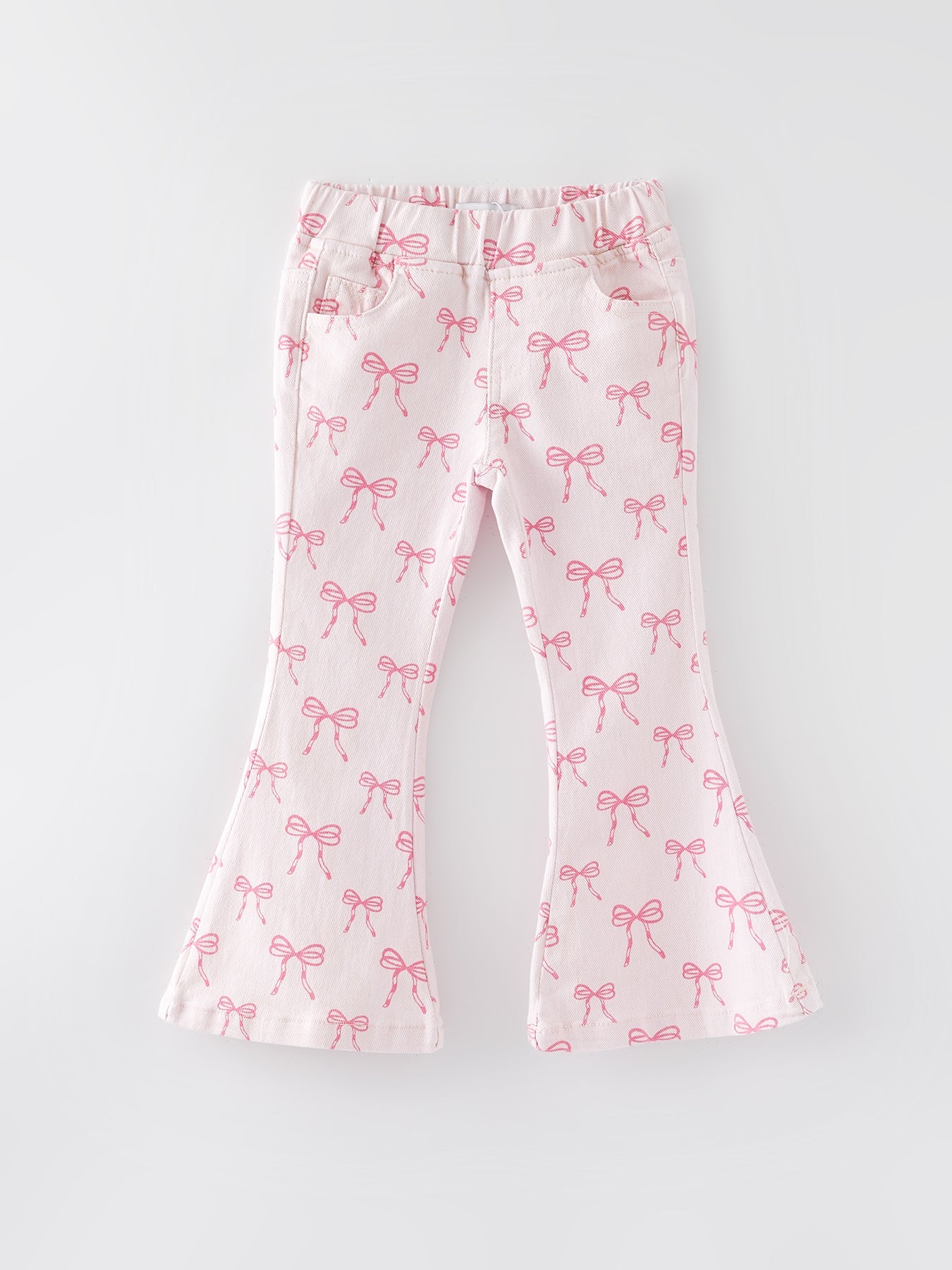 Kayla Girls Pink Bow Print Elastic Flared Jeans Denim pant