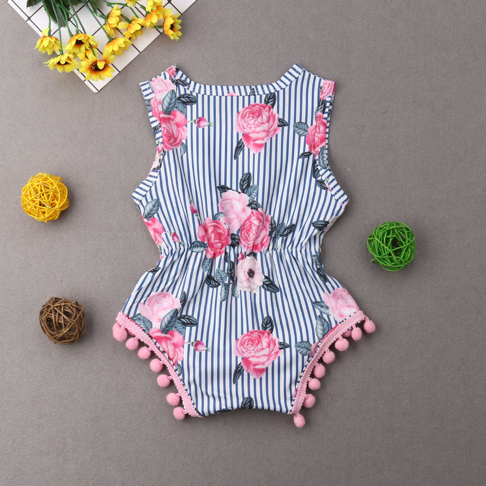 Rosmalyn print romper Striped and small ball decoration