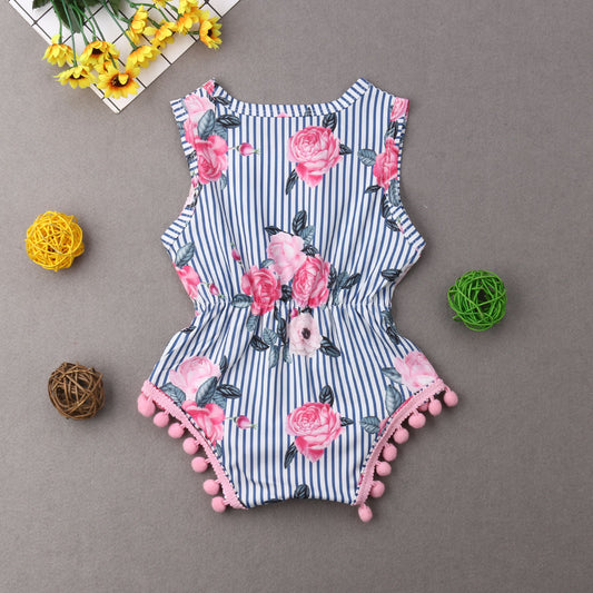 Rosmalyn print romper Striped and small ball decoration
