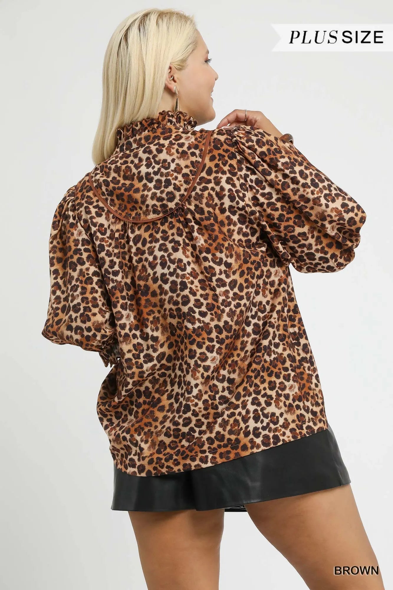 Adrianna Full Size Leopard Print Ruffle Neck Tops Plus Size