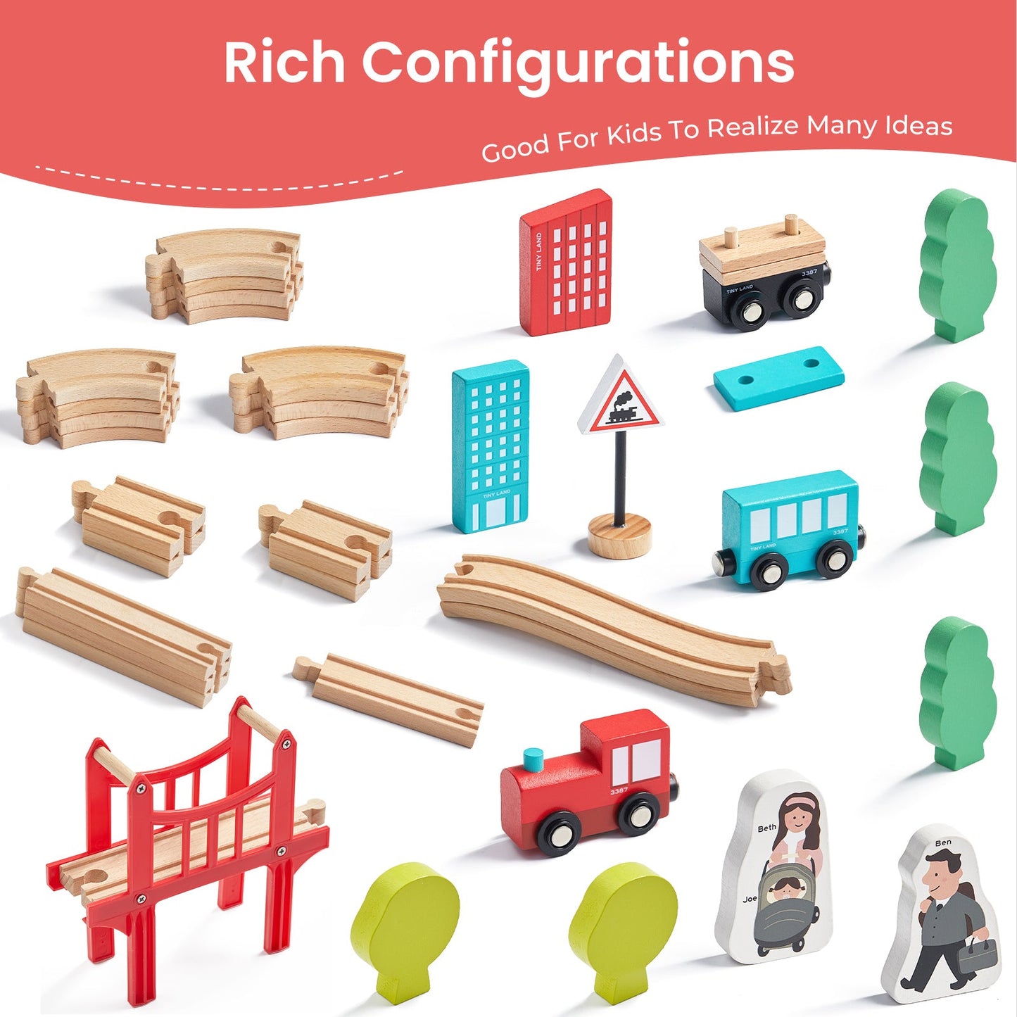 Wooden Train Set for Children 39 Pcs