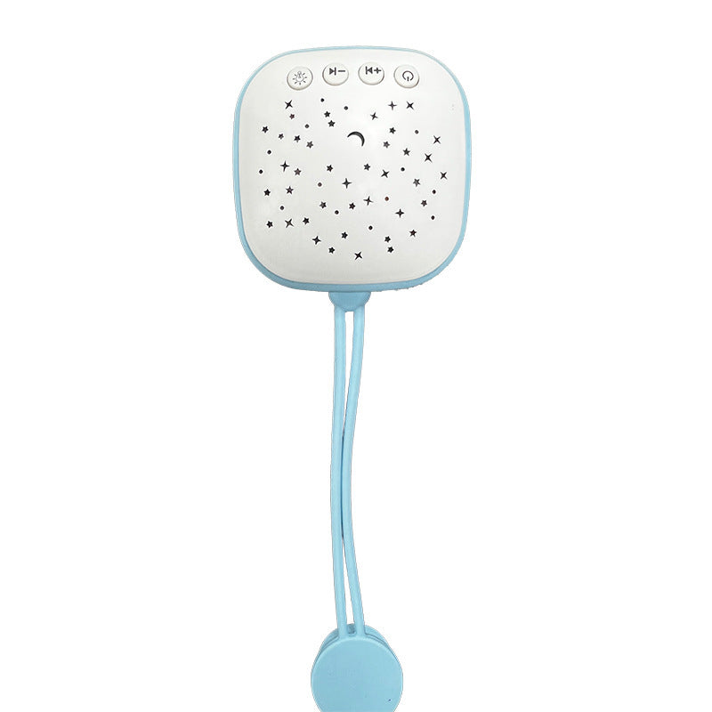 Blue and white night light projector with star and moon cutouts and control buttons