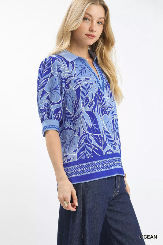 Ana Umgee Tropical Print Puff Sleeve Top
