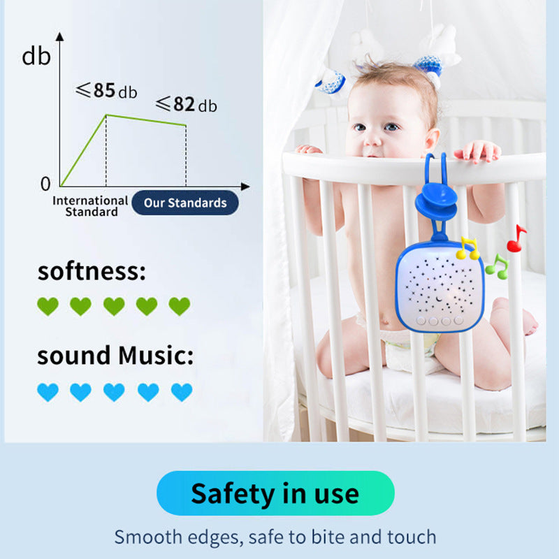 Baby standing in white crib with blue baby sound machine attached, showing safety and noise level standards