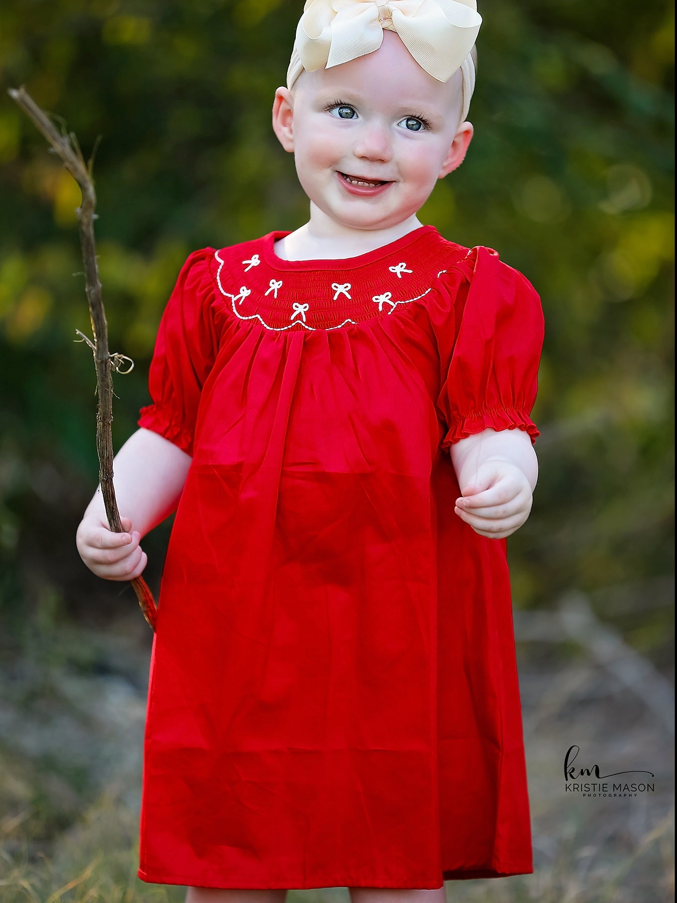 Crannie Girls Bow Smocking Embroidered Red Dress