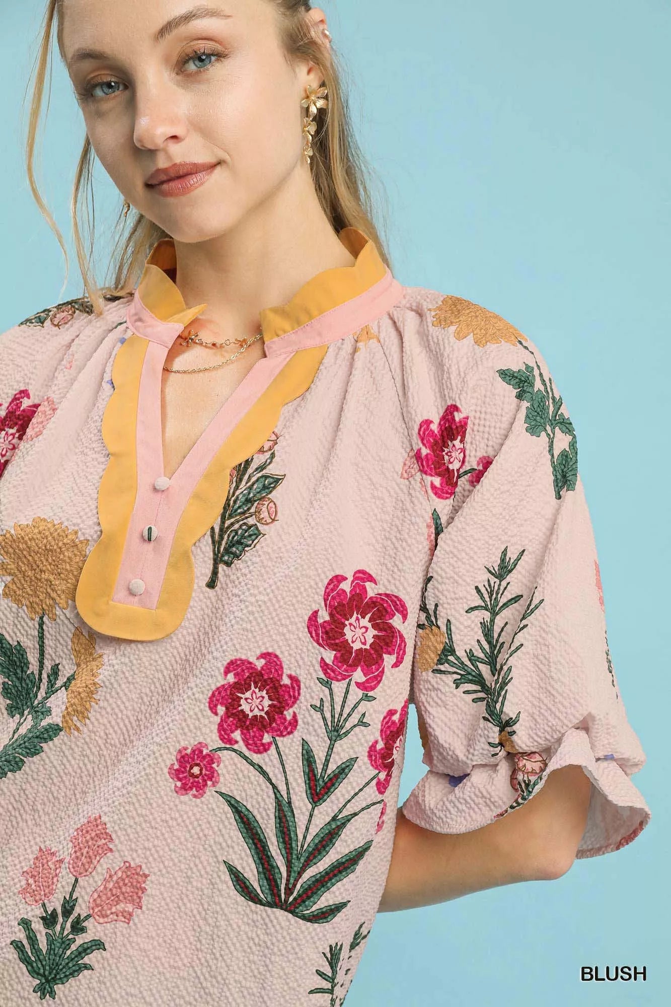 Wanda Floral Puff Sleeve Tops with Scallop Trim Collar
