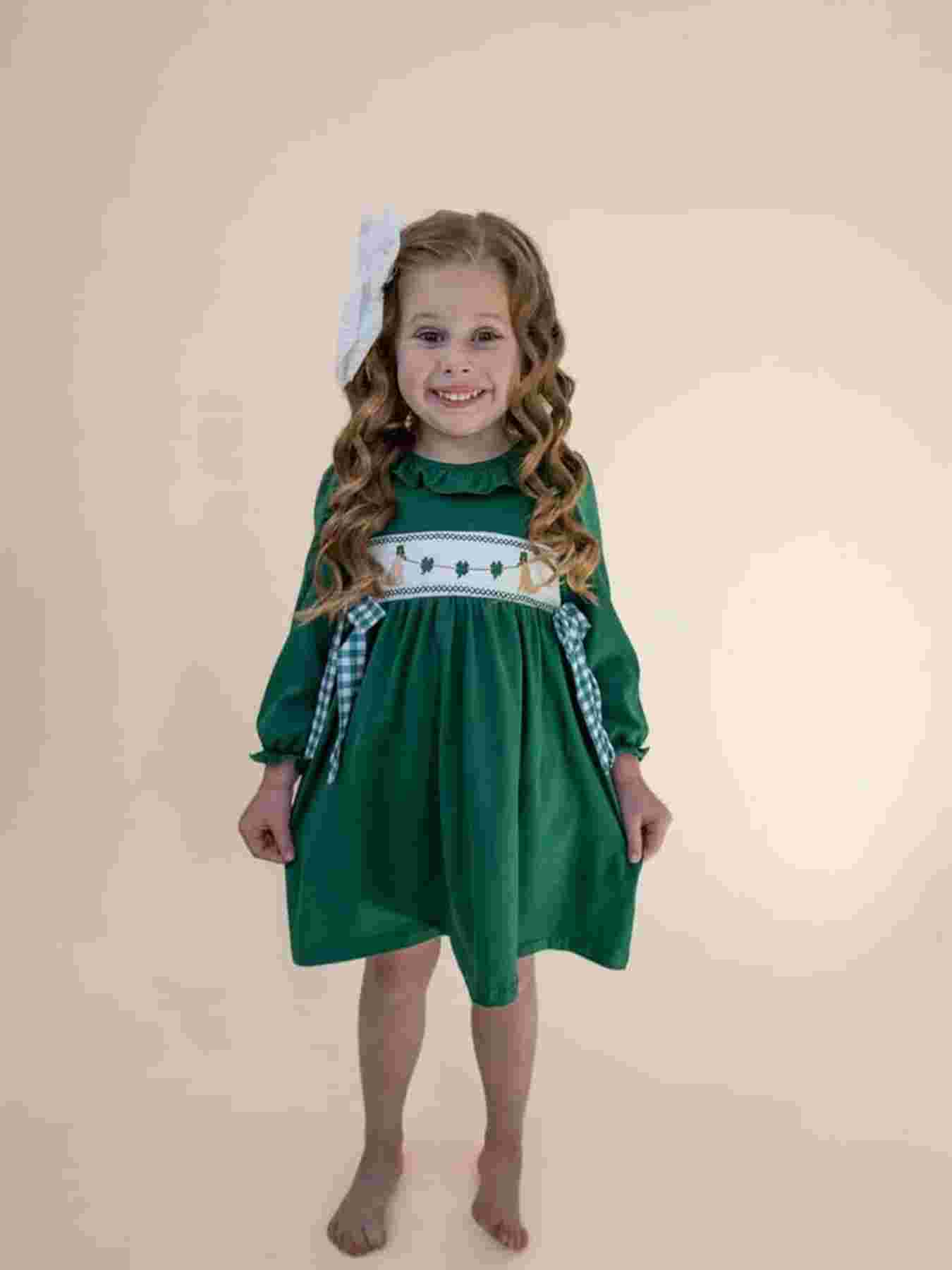 Girls St. Patrick’s Day Shamrock Puppy Smocked Dress
