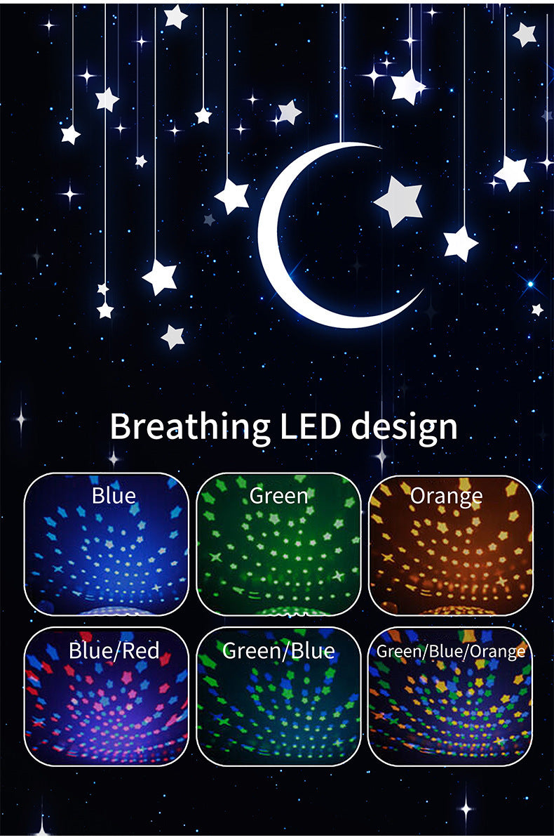 LED projector with crescent moon and hanging stars design, showing breathing light modes in blue, green, orange, and mixed colors