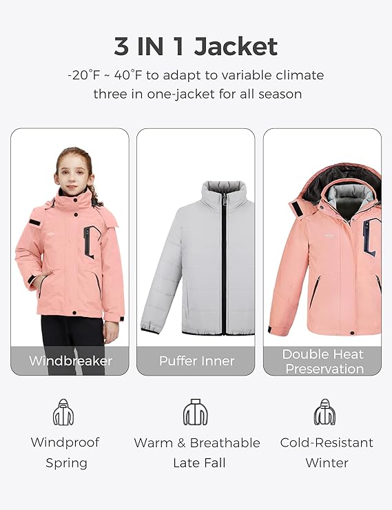 Letty Girl's 3-in-1 Ski Jacket - Warm Fleece Lined Winter Snow Coat