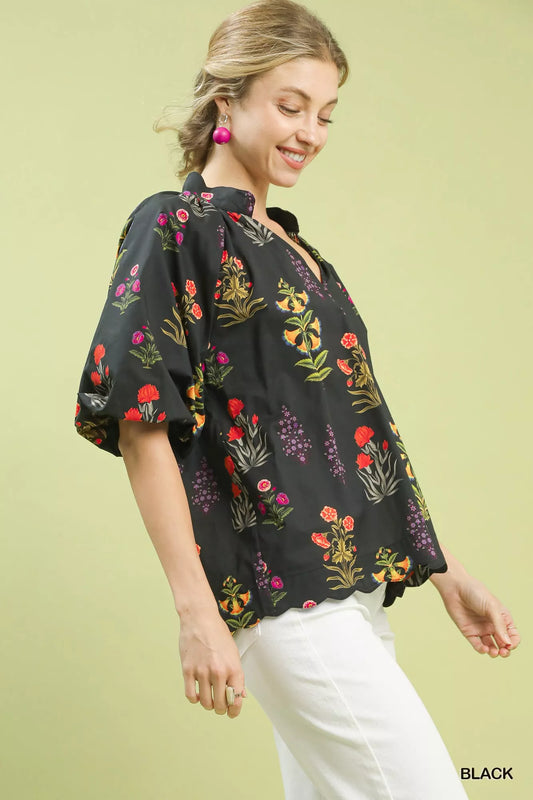 Heidy Floral Print Puff Sleeve Scallop Hem Tops