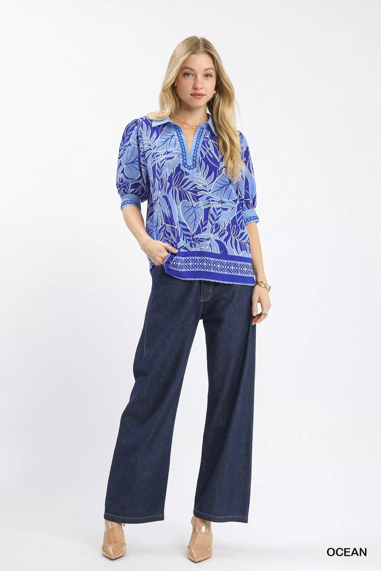 Ana Umgee Tropical Print Puff Sleeve Top