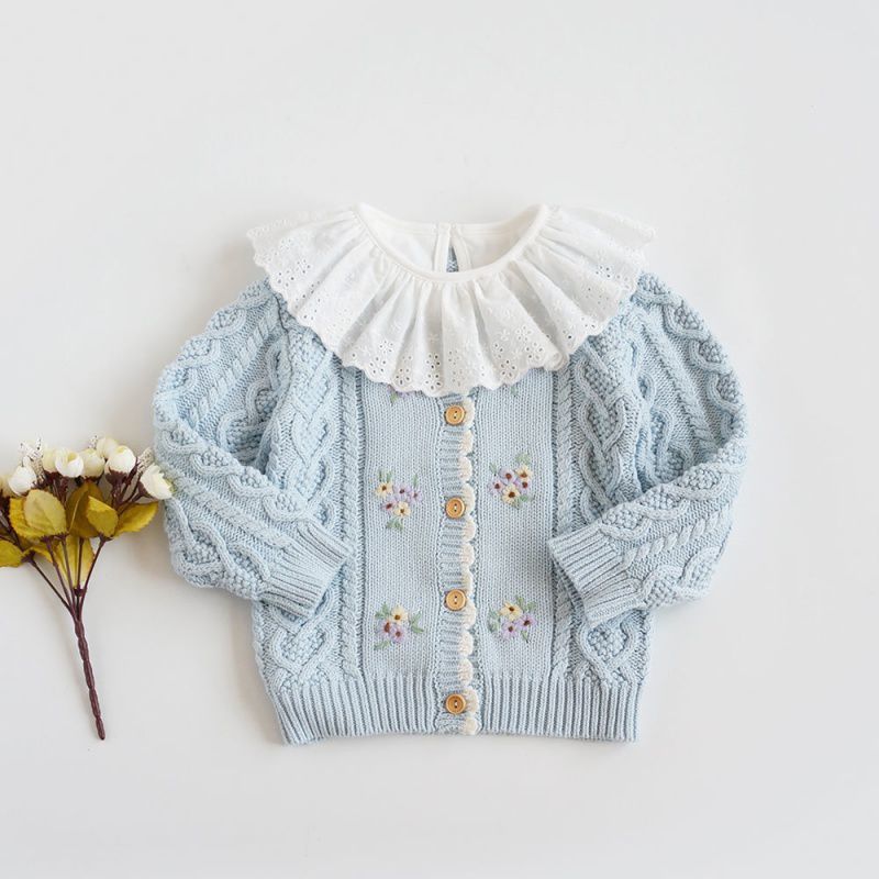 Nora Single Girls Hand-embroidered Flower Cardigan Baby Cotton Thread