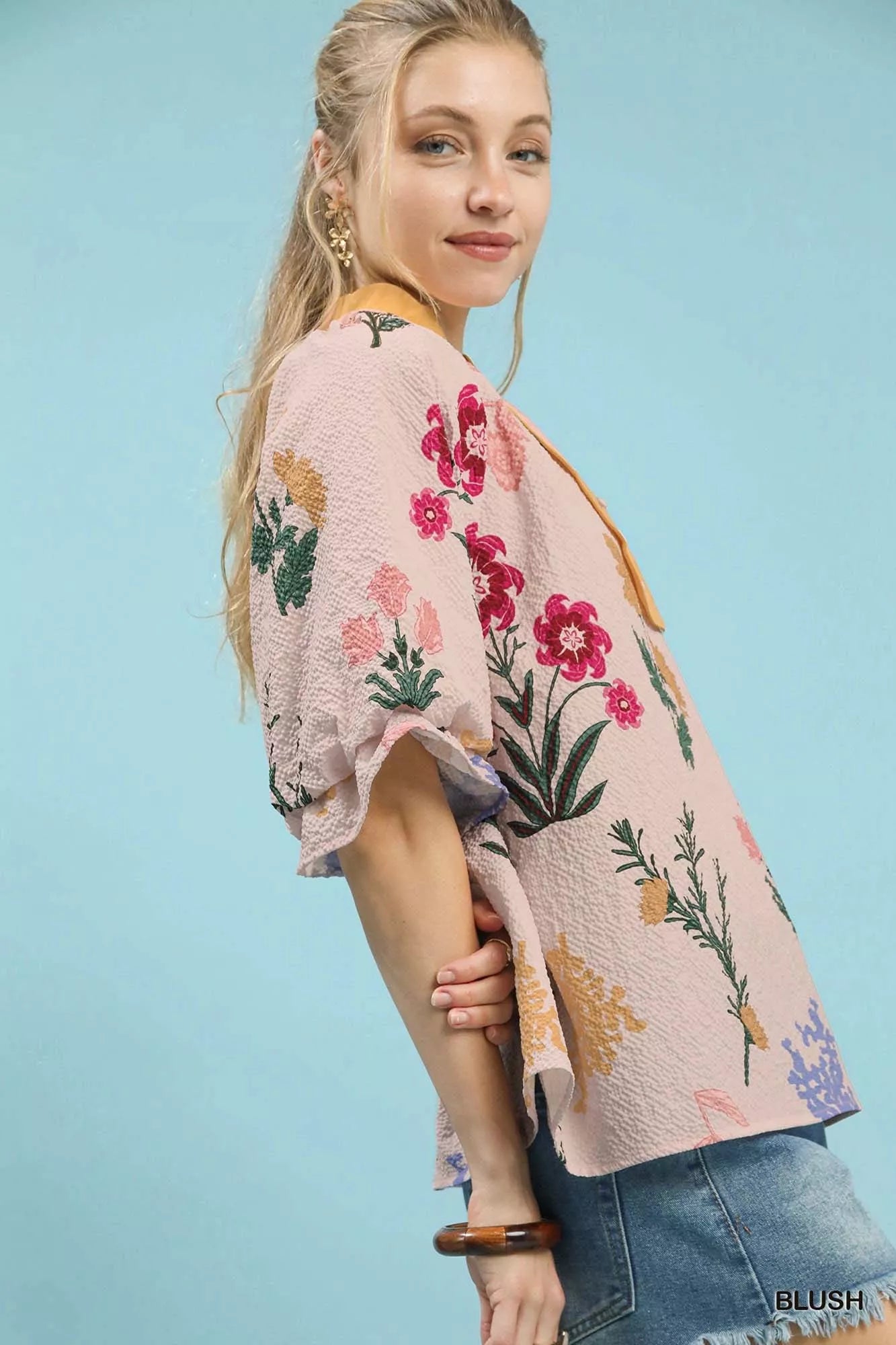 Wanda Floral Puff Sleeve Tops with Scallop Trim Collar