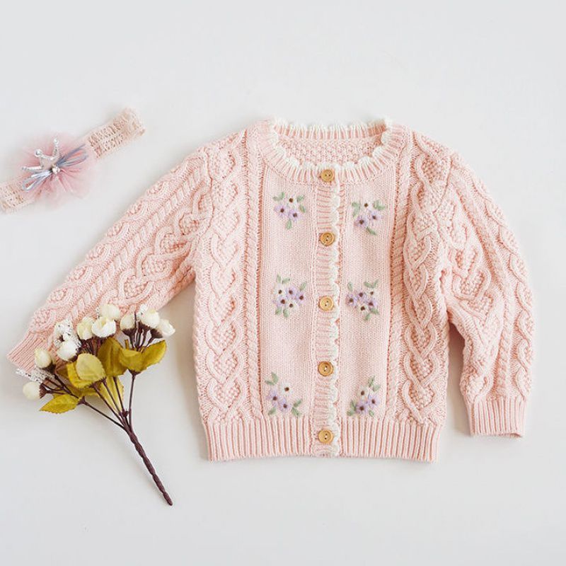 Nora Single Girls Hand-embroidered Flower Cardigan Baby Cotton Thread