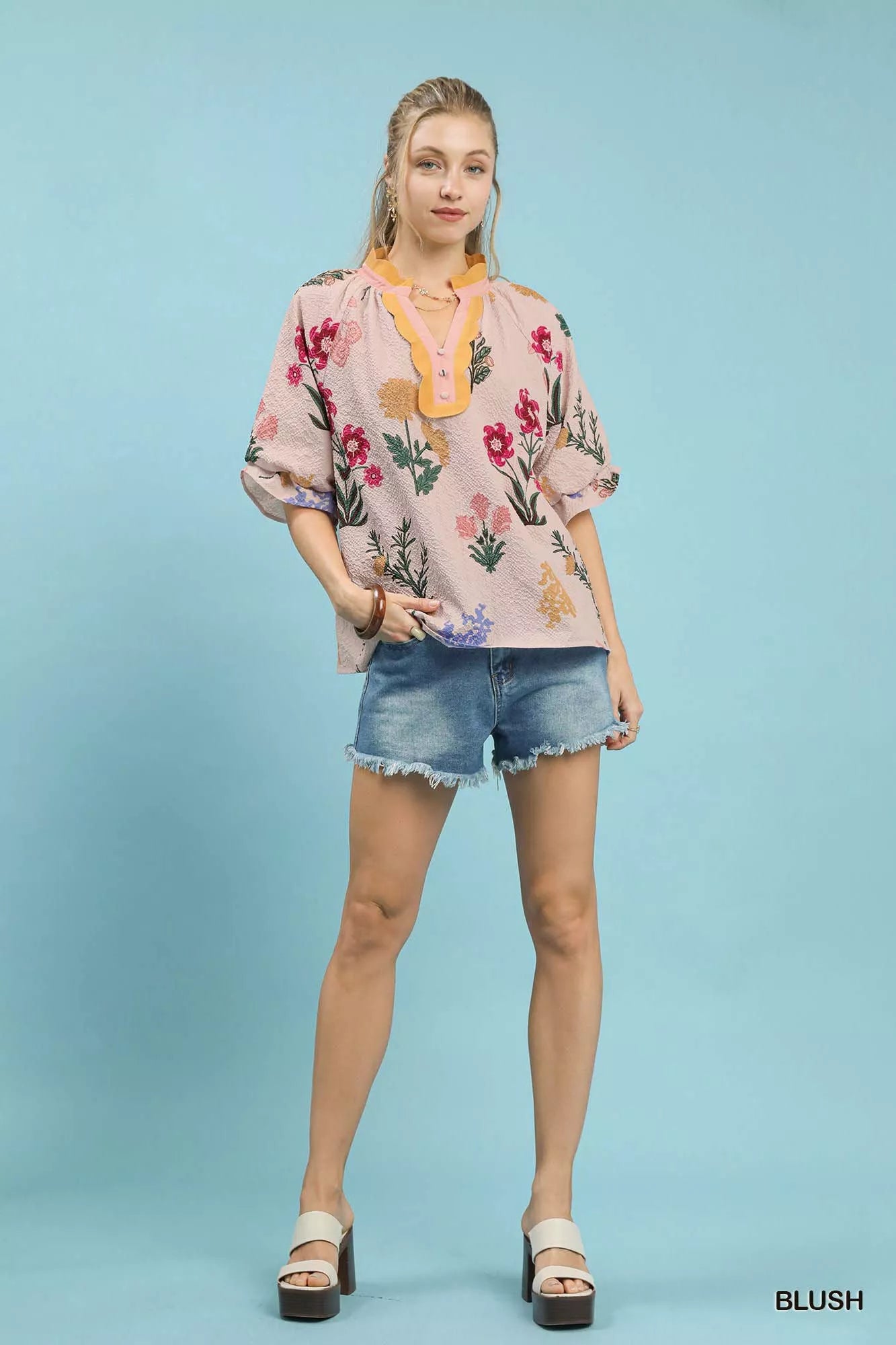 Wanda Floral Puff Sleeve Tops with Scallop Trim Collar