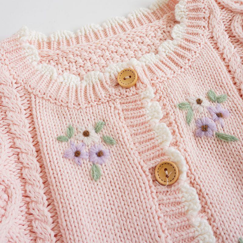 Nora Single Girls Hand-embroidered Flower Cardigan Baby Cotton Thread