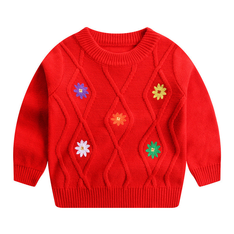 Red knitted sweater with colorful embroidered flower patches and textured diamond pattern
