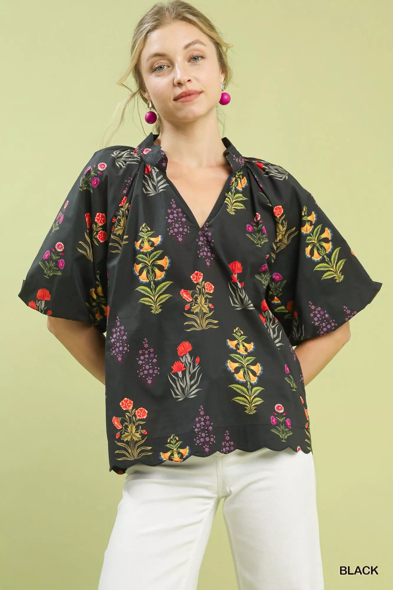 Heidy Floral Print Puff Sleeve Scallop Hem Tops