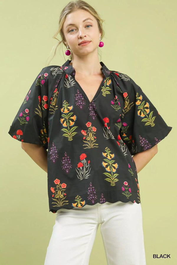 Heidy Floral Print Puff Sleeve Scallop Hem Tops