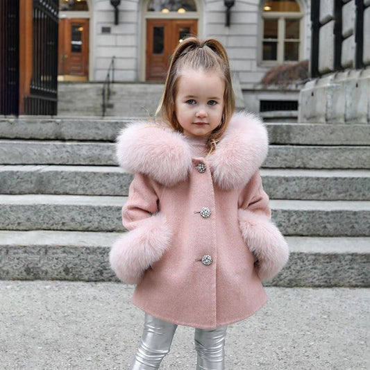 Lily Spring Kid Girls Autumn Warm Woolen Overcoat Fur Coat