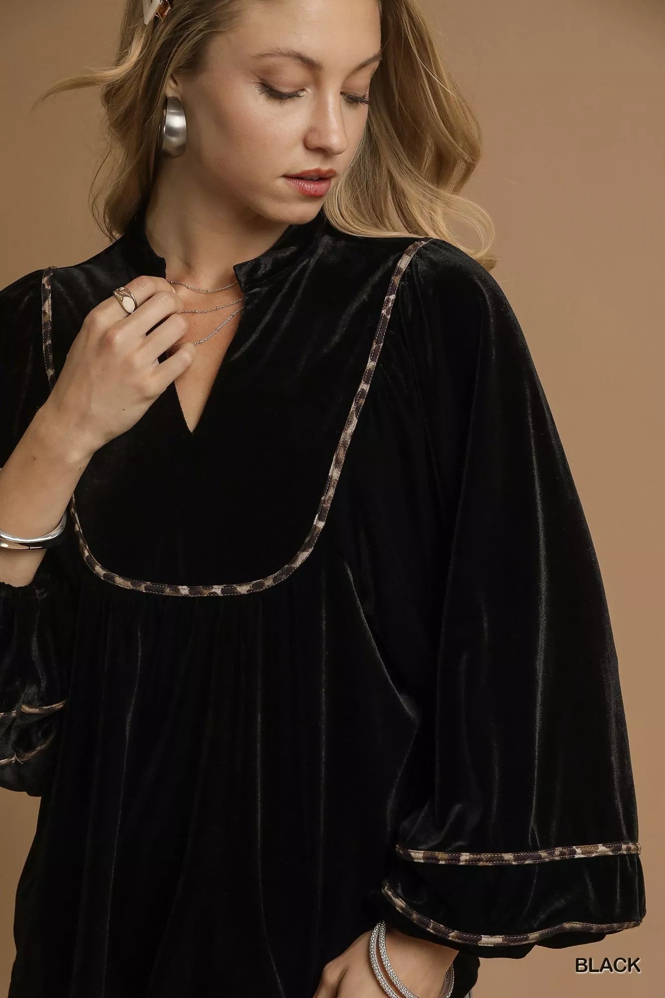 Maria Umgee Velvet Long Sleeve Tops with Contrast Trim