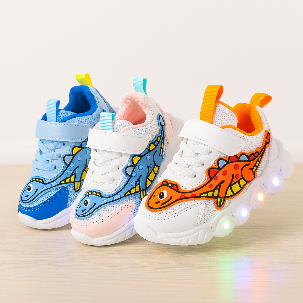 Three colorful children's sneakers with dinosaur designs on a light background