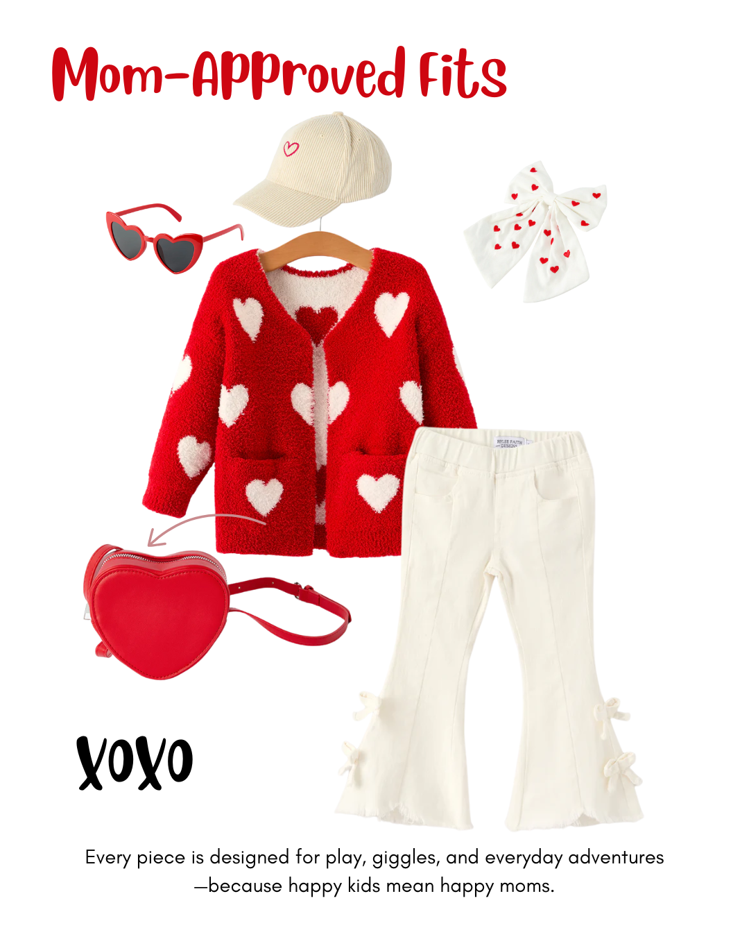 Millie Girls Red Heart Pattern Fuzzy Knit Cardigan with Front Pockets