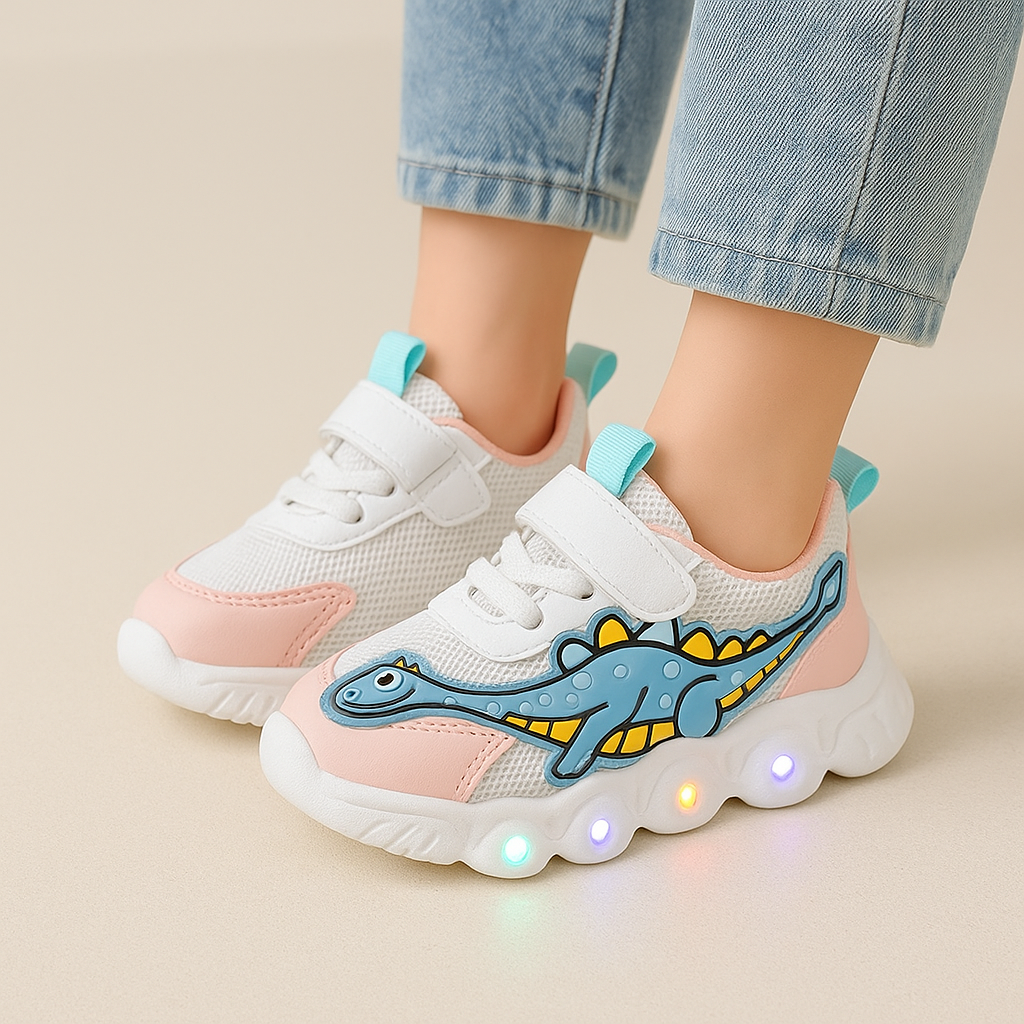 Children's sneakers with dinosaur design and LED lights on a beige background