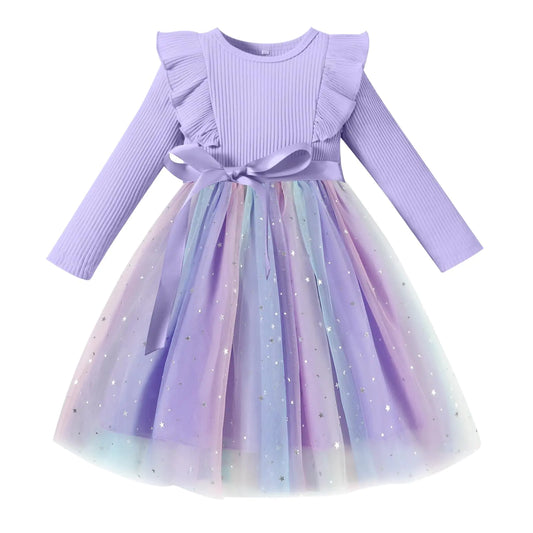 Tulle-Toddler Dress Long Sleeve Ruffle-Fall/Winter Dresses for Girls