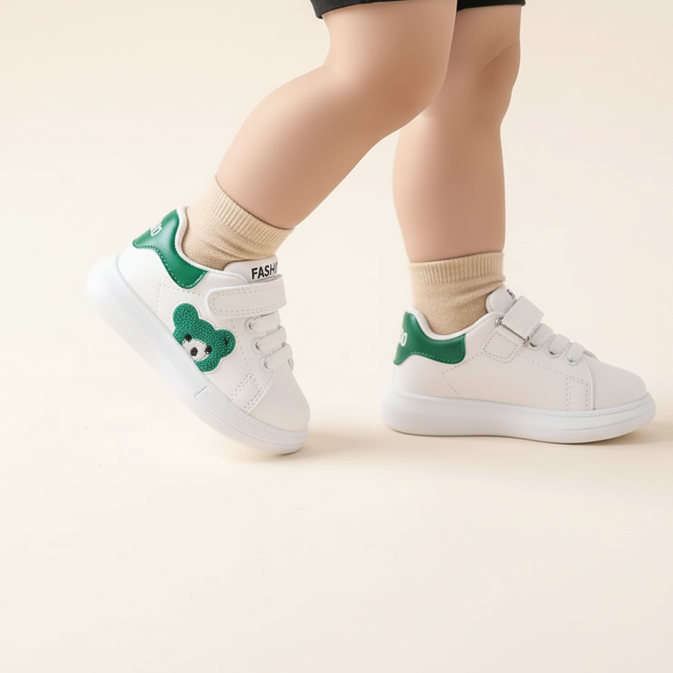White sneakers with green accents worn by a child on a light beige background