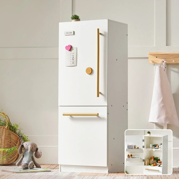 Play Kitchen Accessories – Play Kitchen Fridge: Wooden Cabinet Refrigerator for Kids
