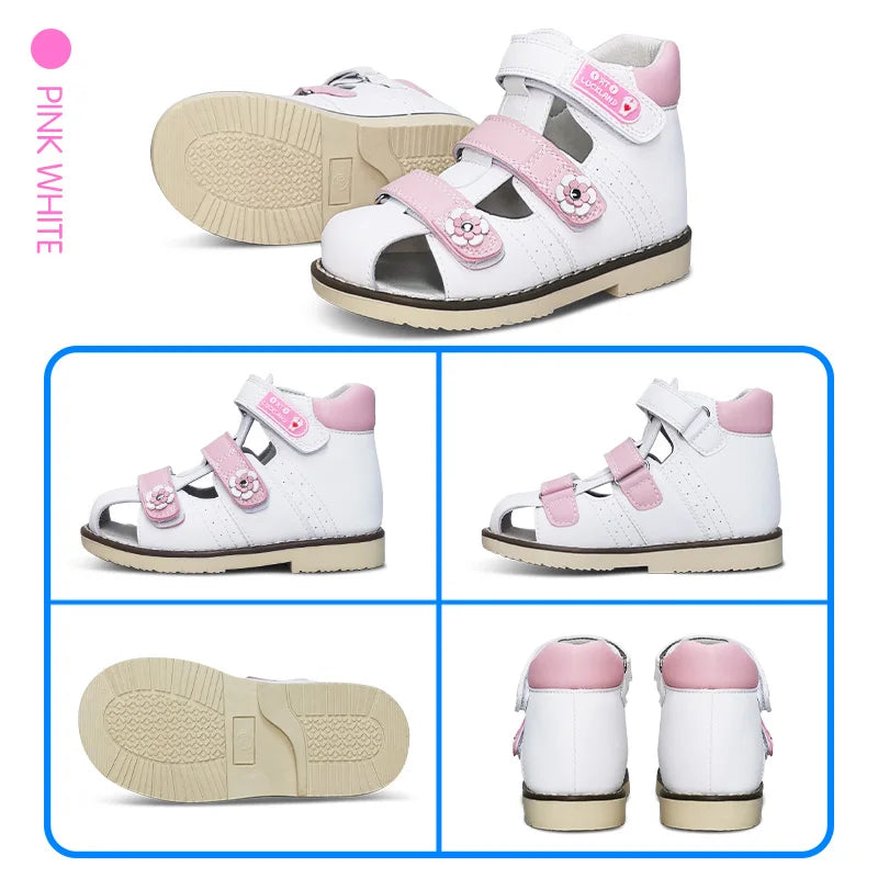 Ortoluckland Children Girl Shoes Princess Orthopedic Pink Sandals For Kids Toddler Flower Leather Footwear With Orthotic Insoles